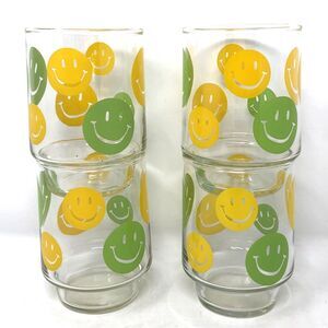 4 VTG 70s LIBBEY SMILEY FACE Stackable Glass Tumblers Green & Yellow 4 1/4" MCM